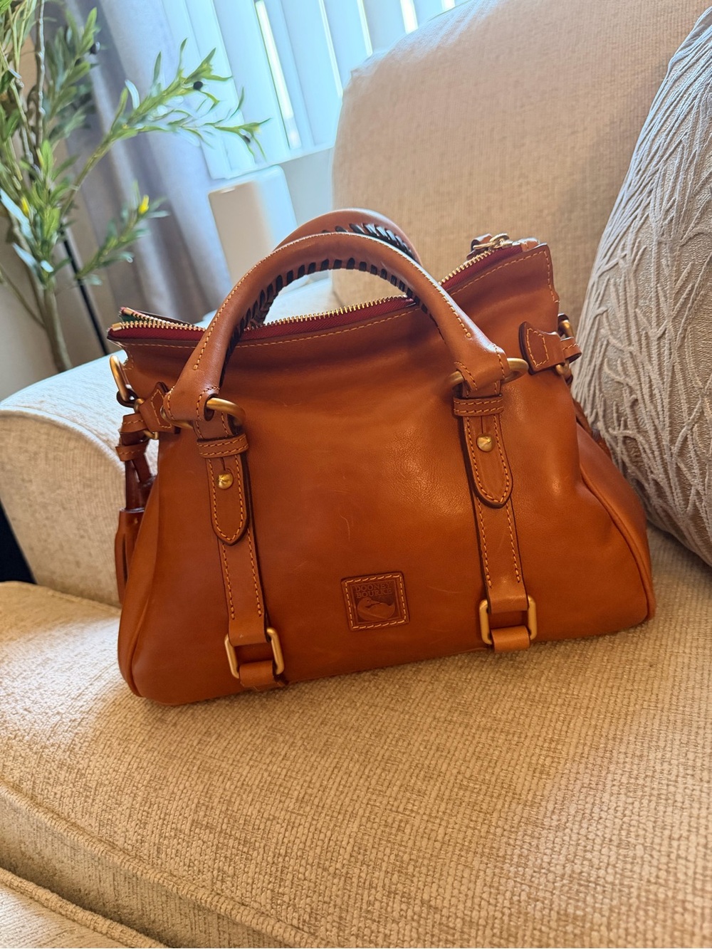 Dooney & Bourke Tan Cognac Leather Satchel with Gold Hardware